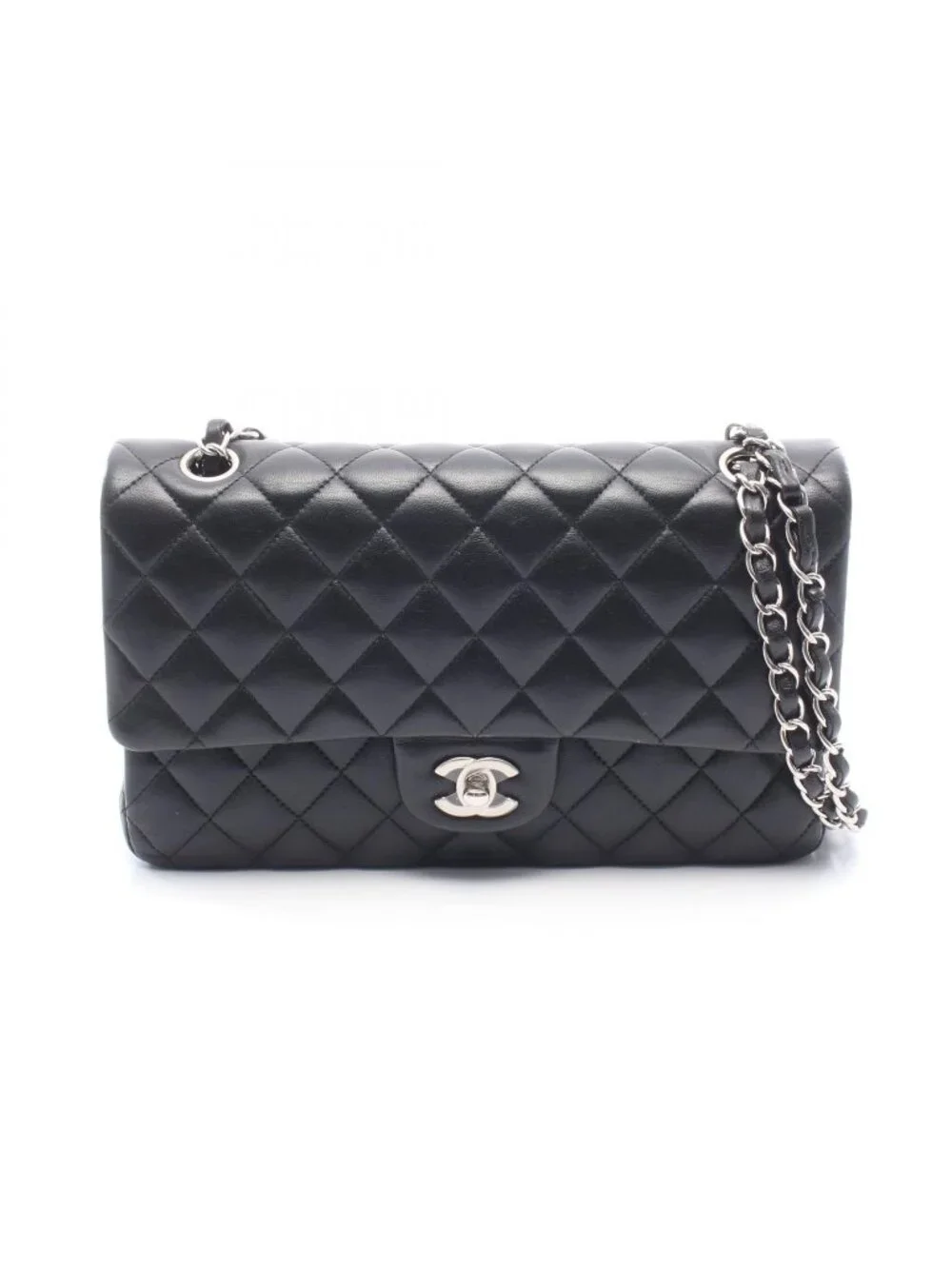 Chanel Shoulder Bag Quilted Double Flap Black Lambskin Chain